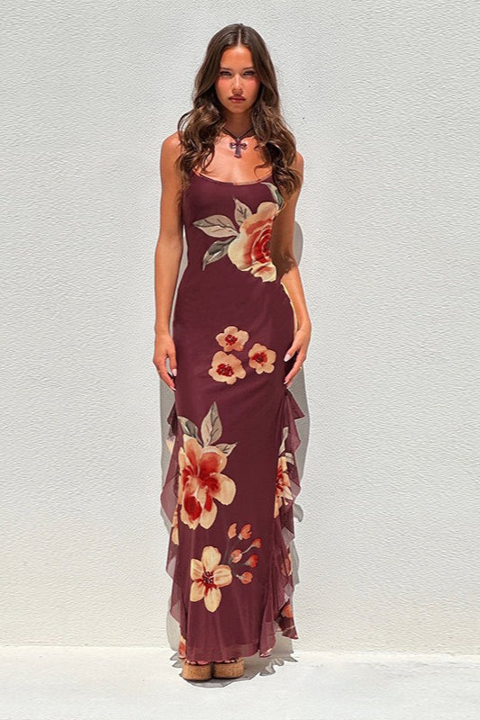 Mesh Split Backless Maxi Dress