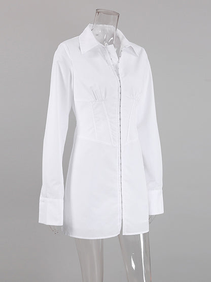 High Waisted Long Sleeves Buckle Color Split-front Lapel Mini Dresses