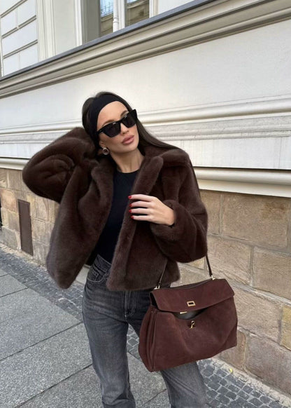 Plush Faux Fur Short Coat – Dark Brown