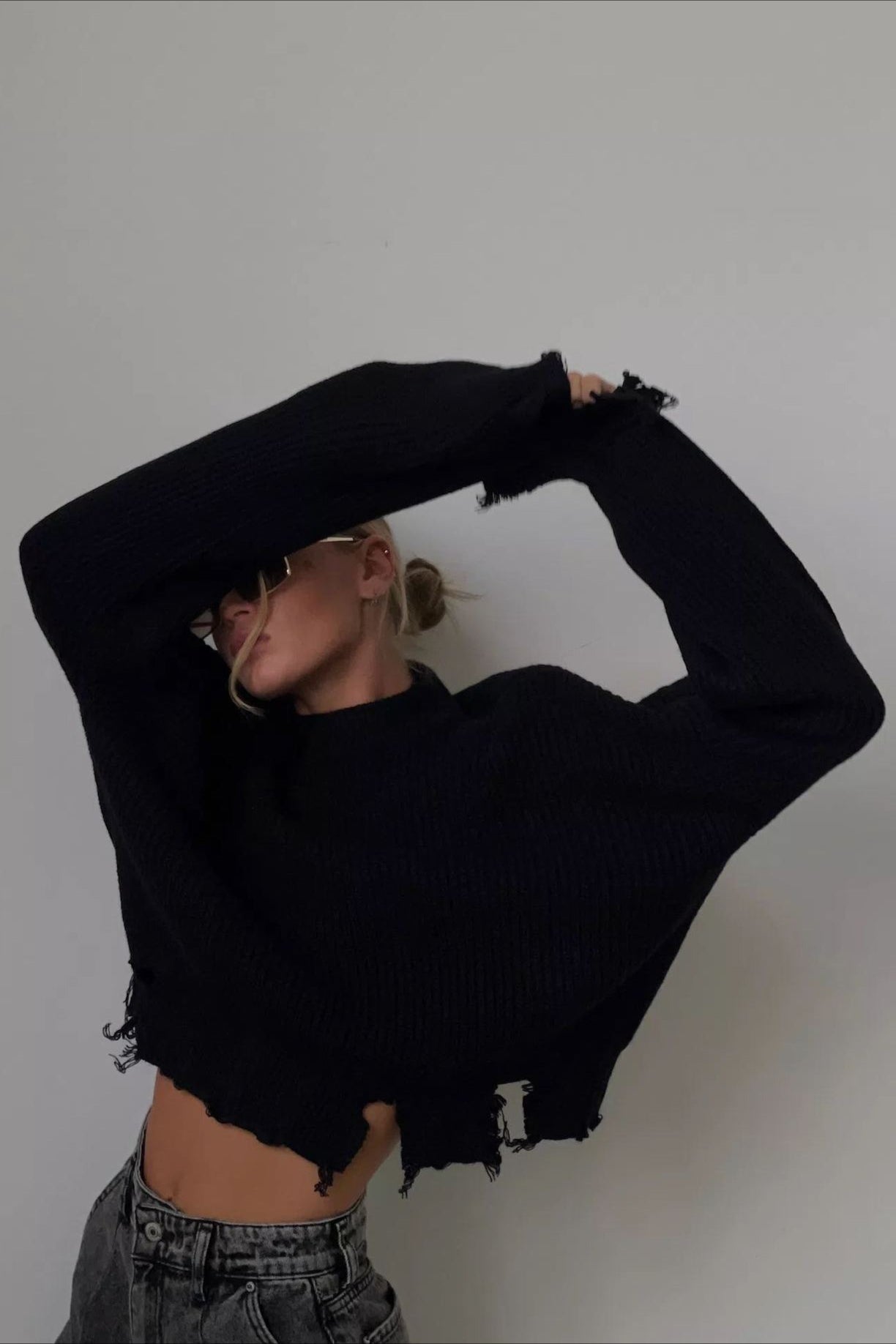 Edgy Distressed Crew Neck Sweater