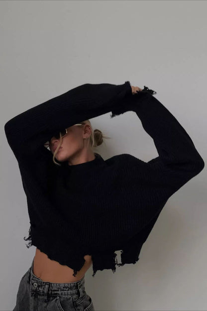 Edgy Distressed Crew Neck Sweater