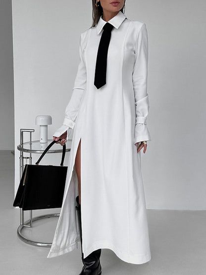 A-line Flared Sleeves Buttoned Color Split-joint Split-side Lapel Maxi Dresses Shirt Dress