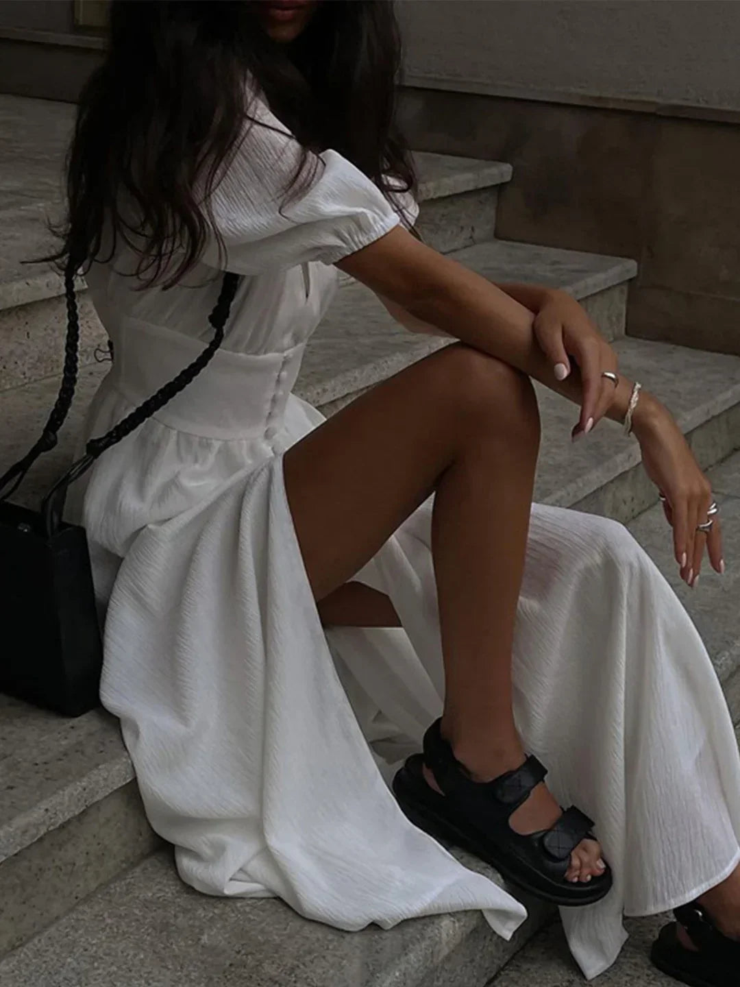 Bubble Sleeves Frenchy Button Split Long Dress