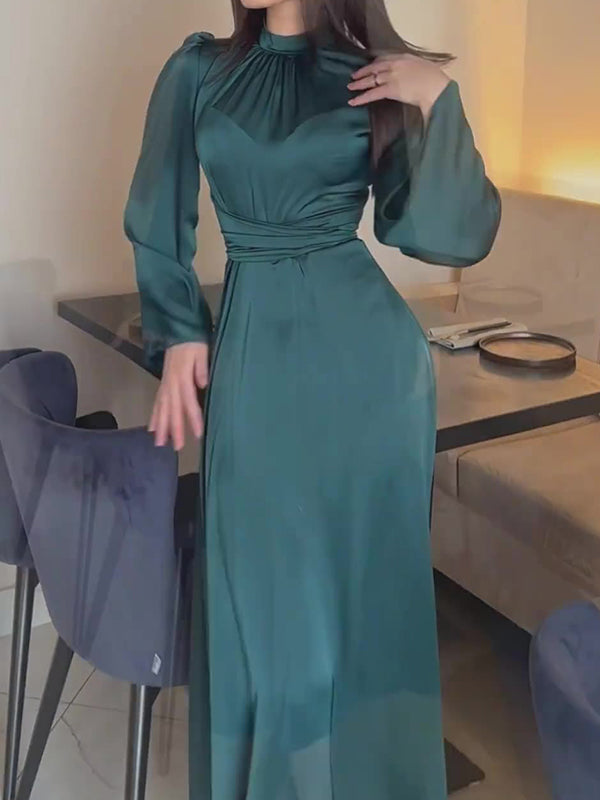 Long Sleeves Loose Pleated Color Tied Waist Mock Neck Maxi Dresses