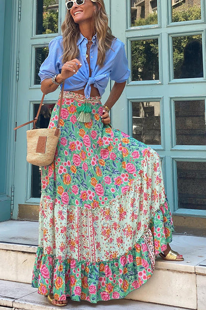 Audrina Print Elastic Waist Tassel Maxi Skirt