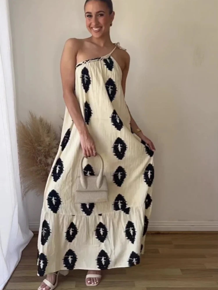Summer Printing Suspender Maxi Dresses One Shoulder Backless Irregular Beach Dress Female Loose Long Dresses