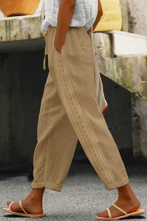 Drawstring Elastic Waist Cotton Linen Tapered Pants