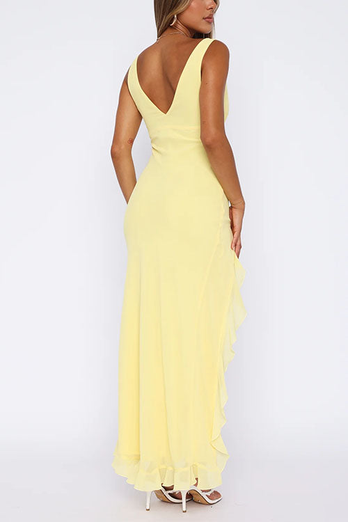V Neck Sleeveless Ruffle High Slit Midi Dress