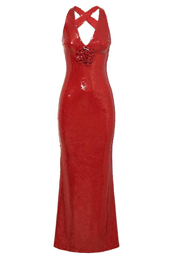 Sicilian Rose Sequin Three-dimensional Backless Maxi Dress