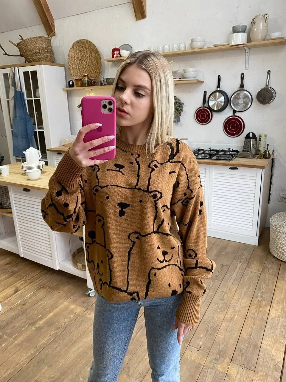 Smiley Polar Bear Knit Sweater Dress - Brown