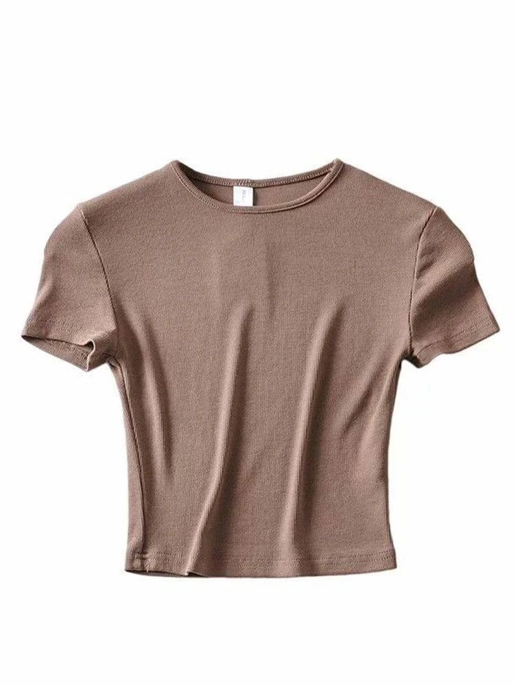 Summer Woman Slim Fit T-shirt Tight Cotton Short-sleeve O-neck Tee Crop Tops