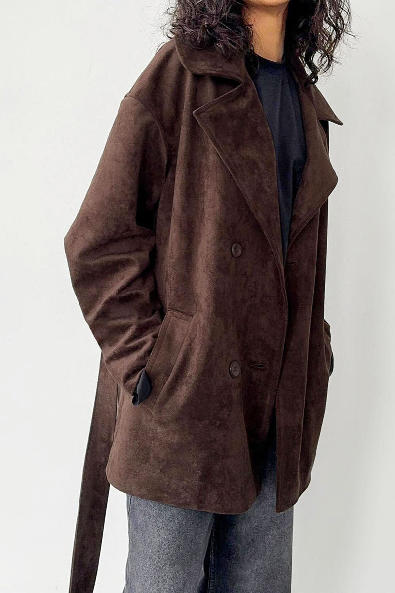 Brown Suede Tie Waist Overcoat
