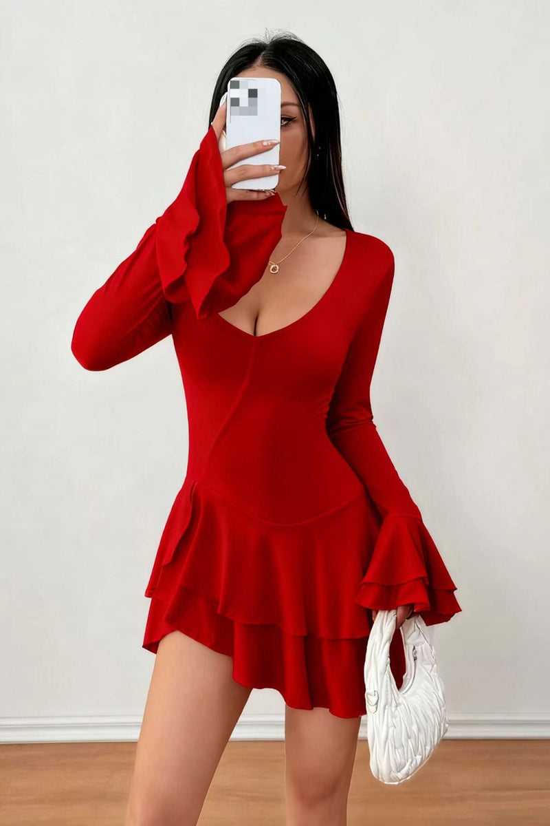 High Waist Slim Fit Color Long Sleeve Mini Dress