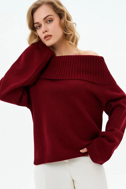 Color Off Shoulder Knitted Sweater