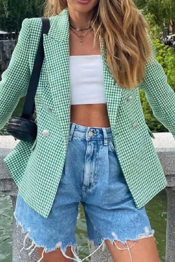 Check Set Double-breasted Mid-length Coat