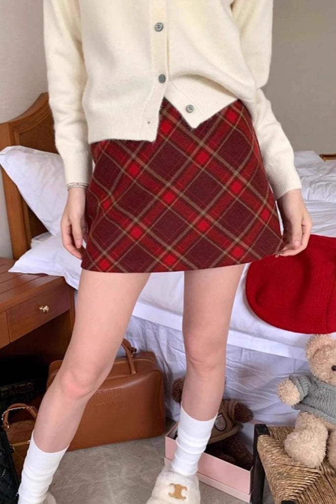 High Waist Plaid A-line Skirt