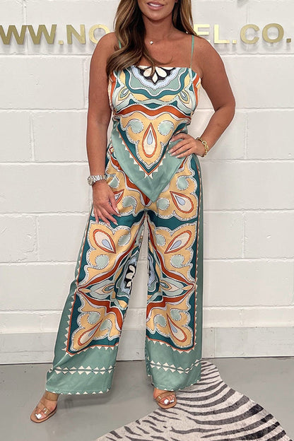 Print Suspenders Open Back Tie Top + Straight Pants Set
