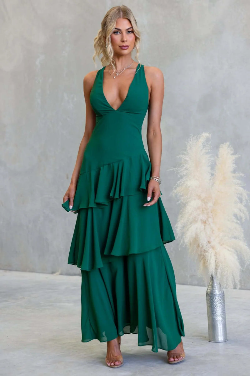 Sleeveless Ruffled Layered Backless Maxi Dress