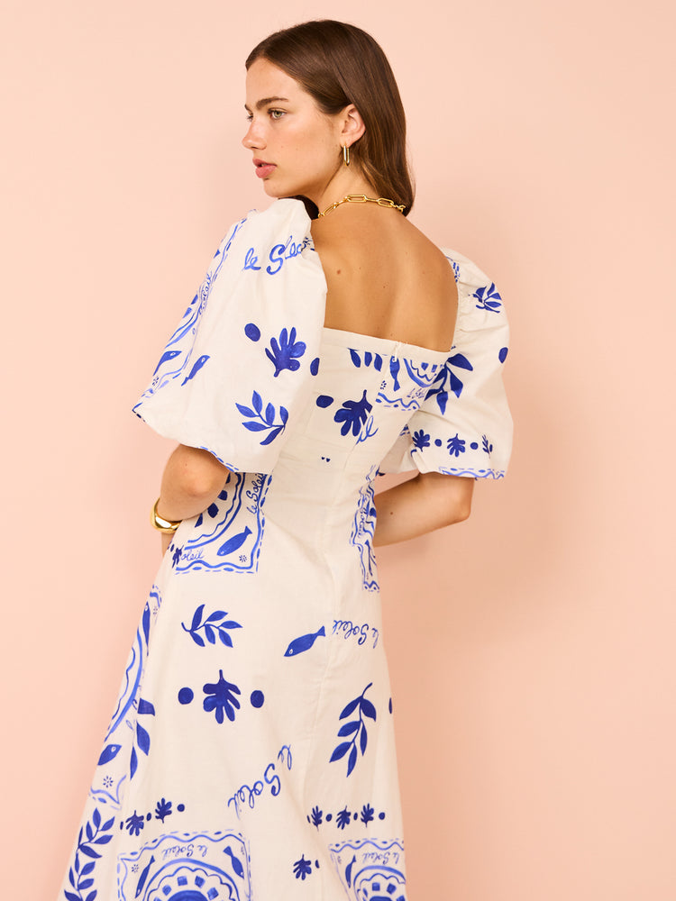 Mediterranean-puff Sleeve Midi Dress