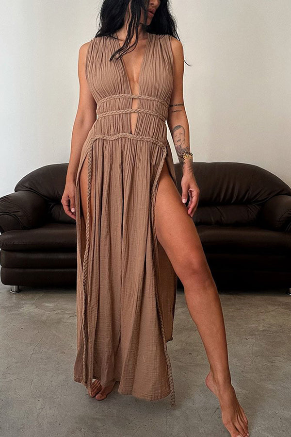 With Elegance Linen Blend Braids Belt Cutout Slit Kaftan Maxi Dress