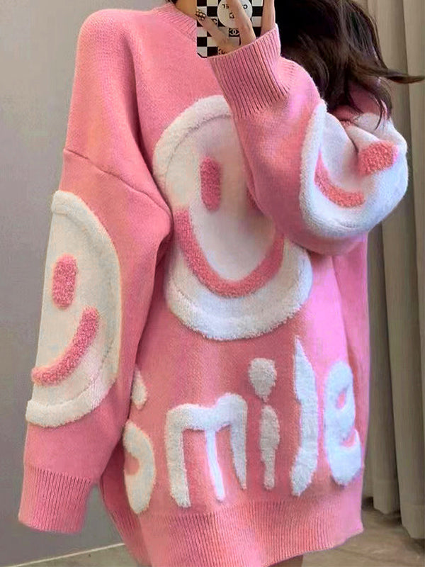 Color Y2k Smile Print Thicken Loose Sweater