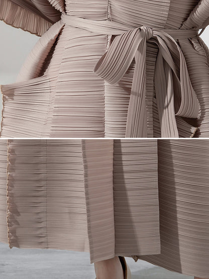 Long Sleeves Loose Tied Pleated Stand Collar Midi Dresses