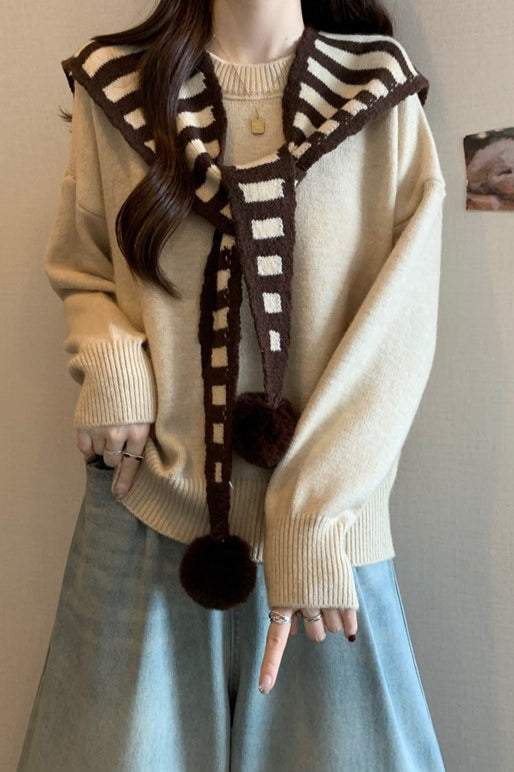 Striped Shawl Collar Pom Pom Sweater