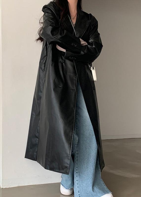 Retro Black Pu Leather Trench Coat - Double-breasted