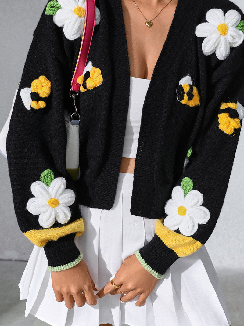 Hand-embroidered Flower Knit Cardigan