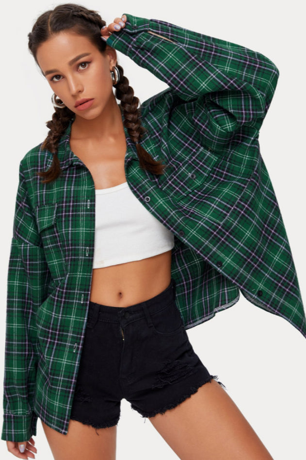 Plaid Stand Collar Button Shirt Blouse