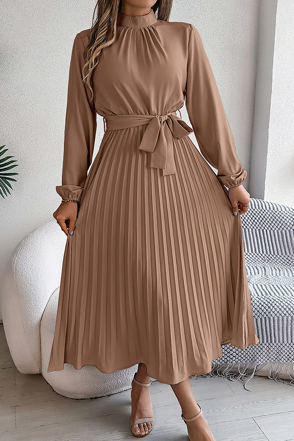 Stand-collar Long-sleeve Waisted Tie-up Pleated Midi Dress