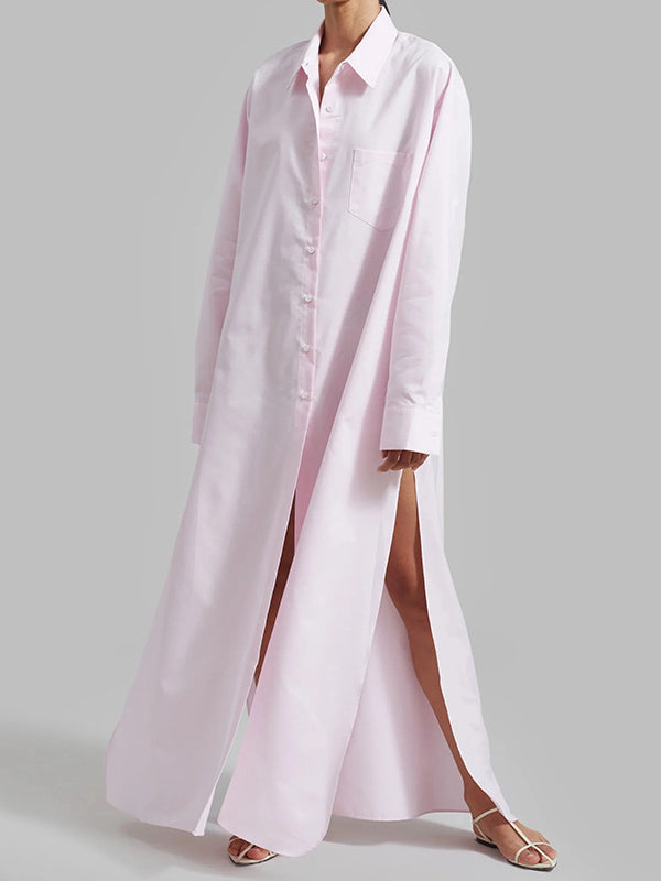 Long Sleeves Loose See-through Color Split-joint Split-side Lapel Maxi Dresses Shirt Dress
