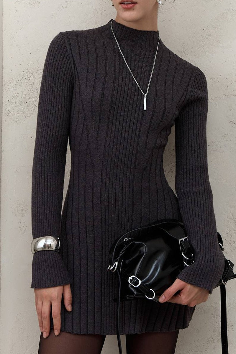 Playful Knit Mock Neck Long Sleeve a Line Mini Dress