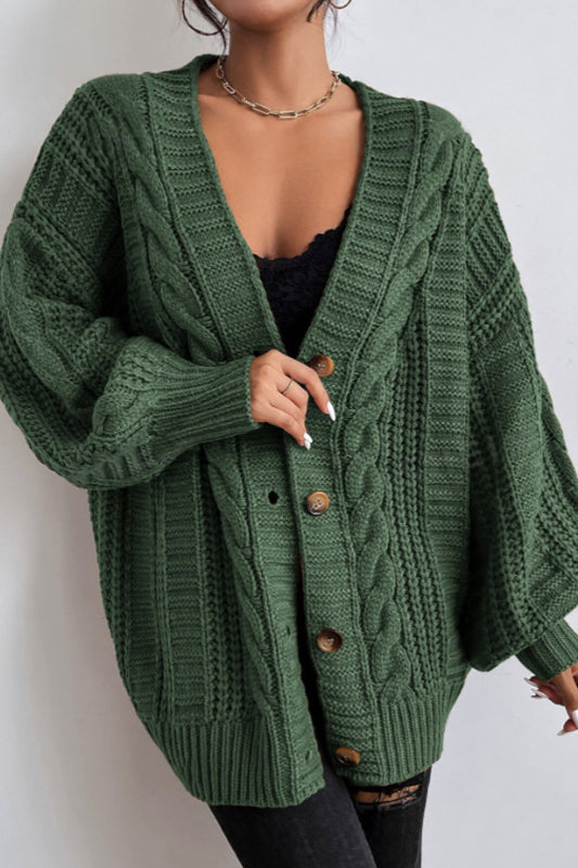 V-neck Cable Knit Balloon Sleeve Cardigan