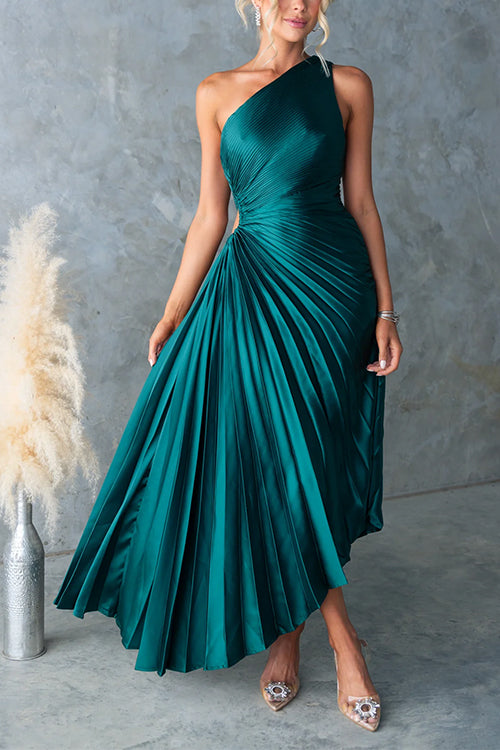 One Shoulder Cut Out Waist Pleated Satin Maxi Dress