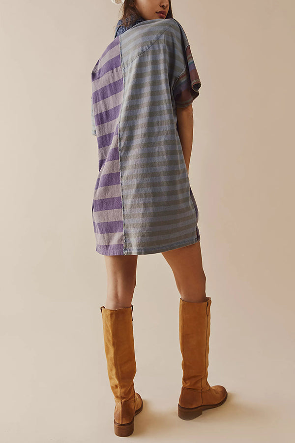 Contrast Striped Patchwork Denim Lapel Loose Mini Dress