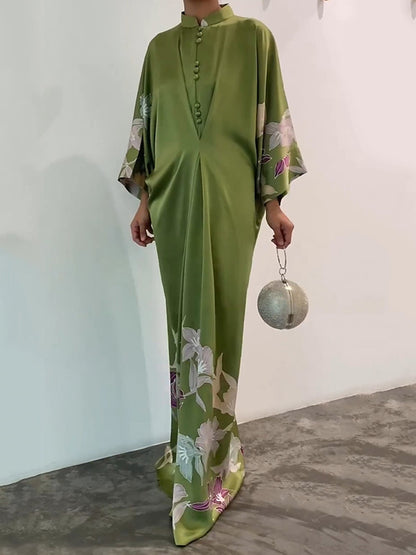 Batwing Sleeves Loose Printed Muslim Pleated Stand Collar Maxi Dresses