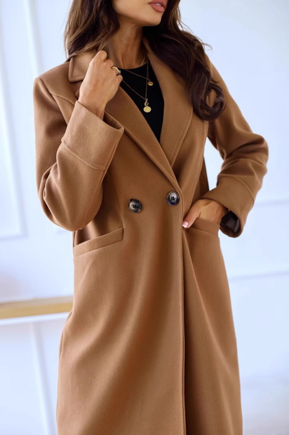Wool Blend Double Breasted Lapel Overcoat