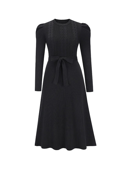 High Waisted Long Sleeves Color Tied Waist Round-neck Midi Dresses Sweater Dresses