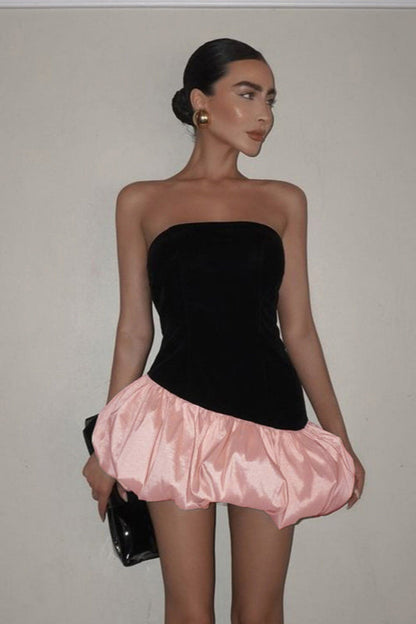 Velvet Paneled Strapless Puff Mini Dress