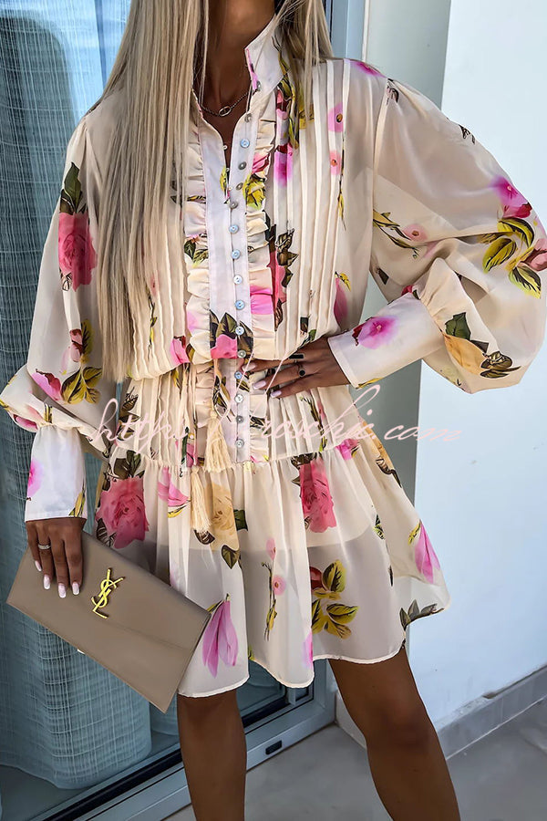 Sunset and Dreams Print Subtle Tuck Lantern Sleeve Belt Mini Dress