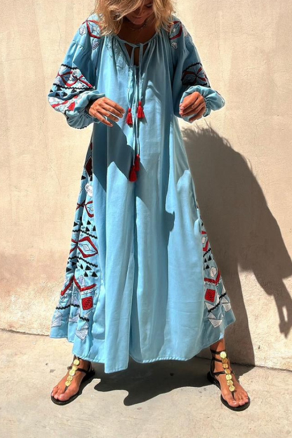 Blue V-neck Tie Style Retro Print Long Skirt