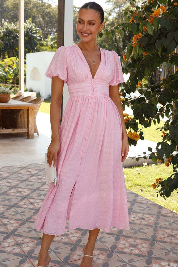V Neck Puff Sleeve Flared Midi Dress