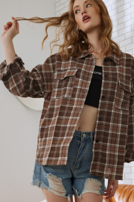 Plaid Stand Collar Button Shirt Blouse