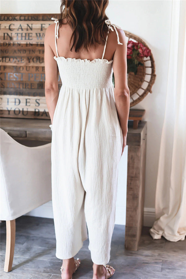 Color High Waist Linen Blend Suspender Pleated Jumpsuit
