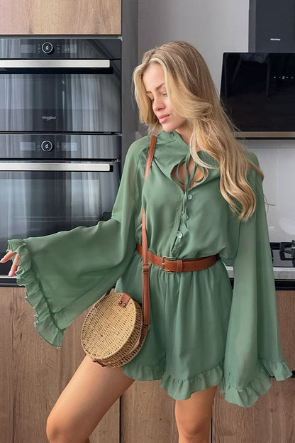 Lace Up Sleeve Ruffle Mini Dress