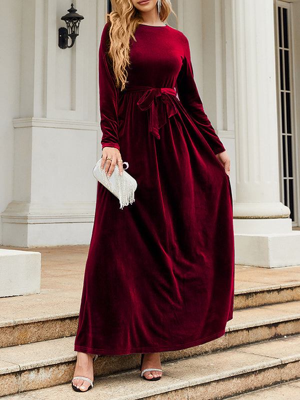 Long Sleeves Wrap Belted Pleated Color Zipper Round-neck Maxi Dresses