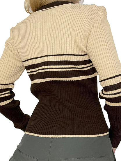 Brown Striped Patchwork Lapel Cardigan