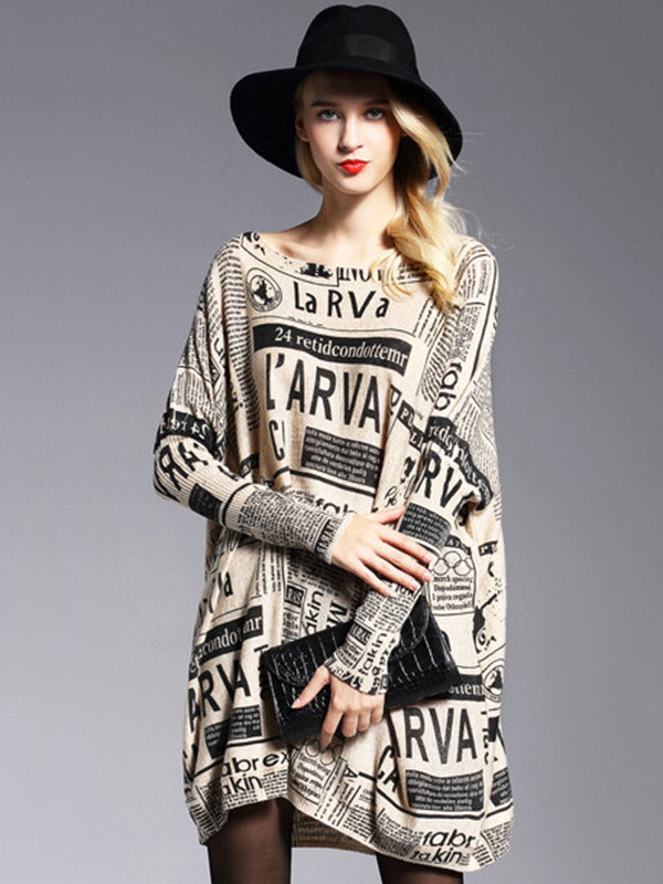 Loose One-shoulder Newspaper Printed Split-joint Sweater