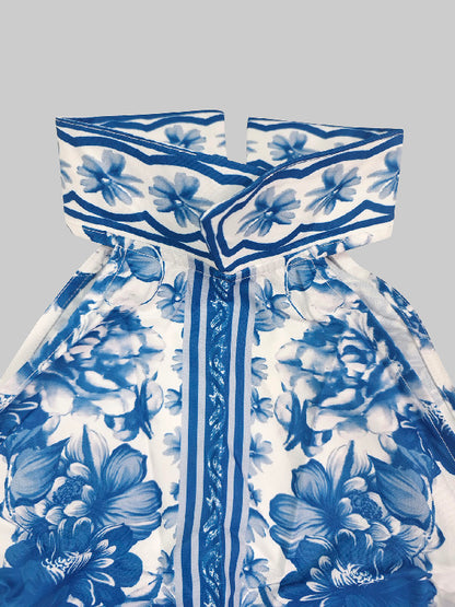 A-line Loose Flower Print Split-joint Lapel Maxi Dresses